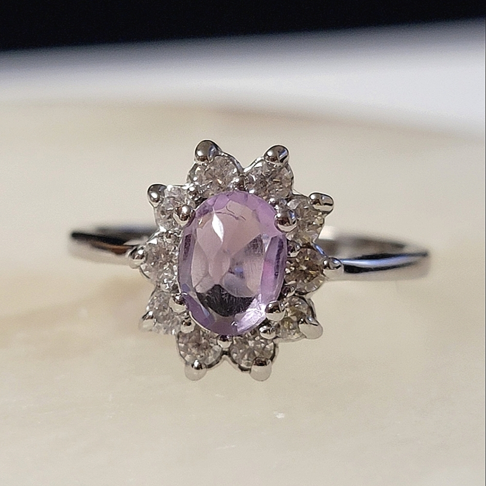 Gorgeous Amethyst Halo Flower Ring Cluster Faceted Gemstone